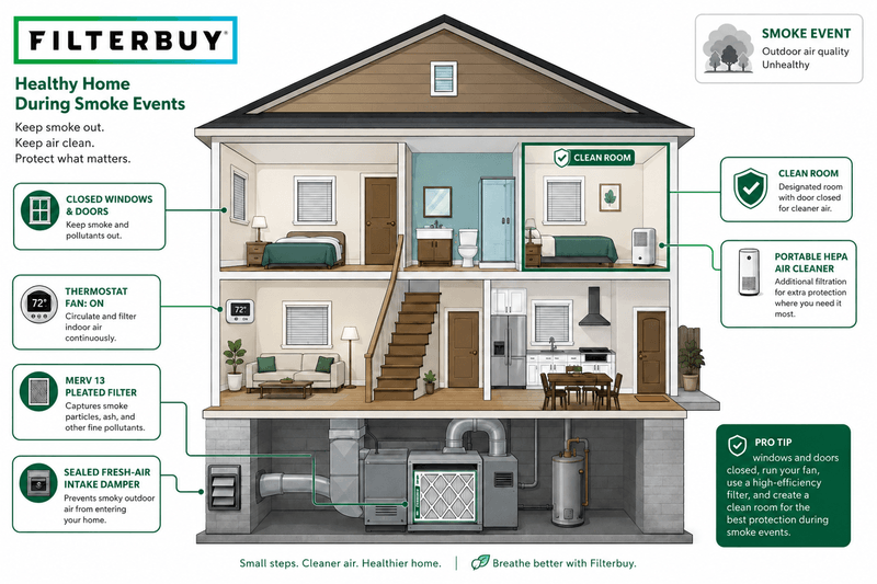Cutaway of a Fort Wayne home sealed against wildfire smoke with a MERV 13 filter and a clean room.