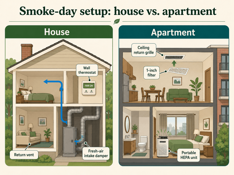 Comparison of smoke-day air filtration steps for an Irving single-family home versus an apartment.