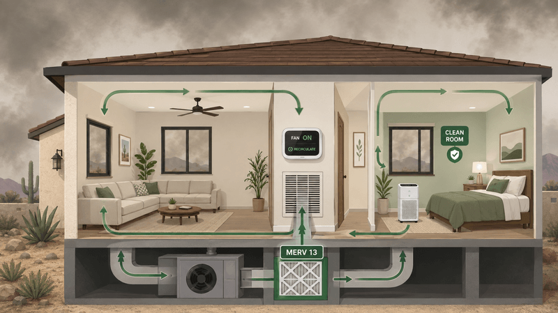 Diagram of a Scottsdale home set up for a wildfire smoke day with a MERV 13 filter, recirculate mode, and a clean room.