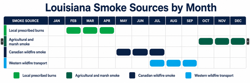  Twelve-month chart showing the four smoke sources that reach Baton Rouge and the season each one runs in.
