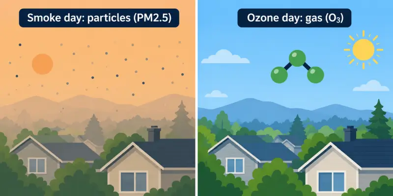 Illustration comparant une journée enfumée avec des fines particules à une journée d'ozone claire et ensoleillée.