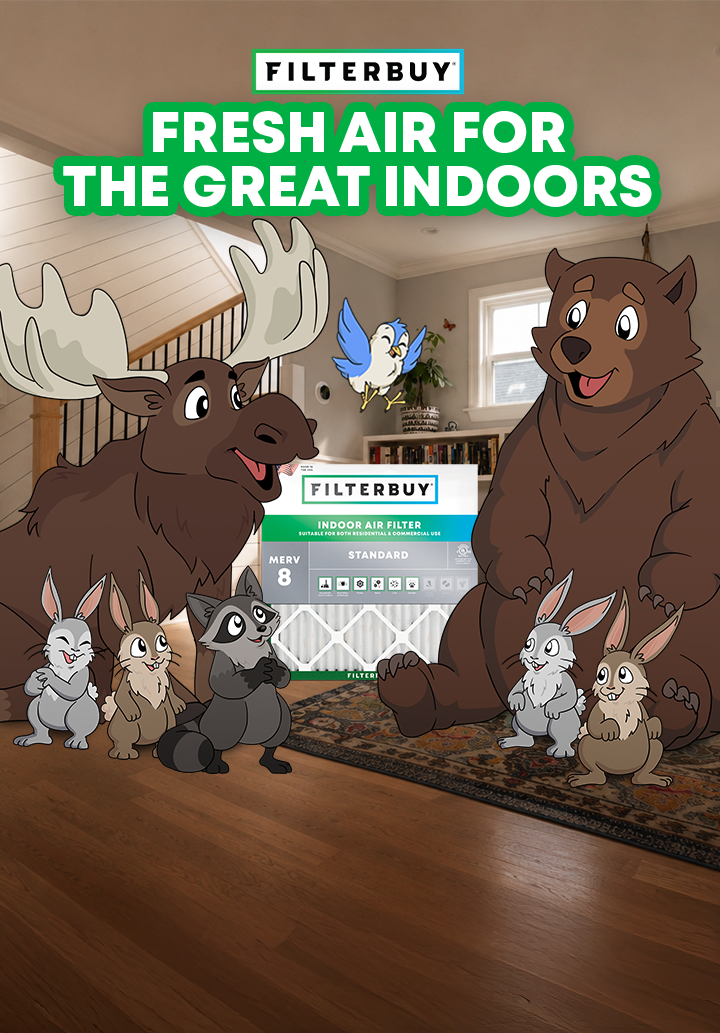 Fresh Air for the Great Indoors — a Filterbuy air filter package surrounded by illustrated forest animals (a moose, raccoon, bear, bluebird, and two rabbits) gathered in a cozy living room
