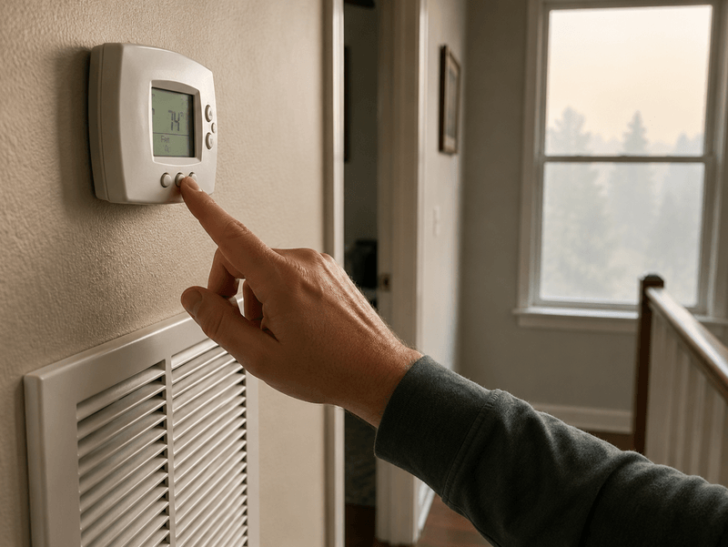 A homeowner setting the HVAC fan to continuous operation during a Salt Lake City wildfire smoke event.
