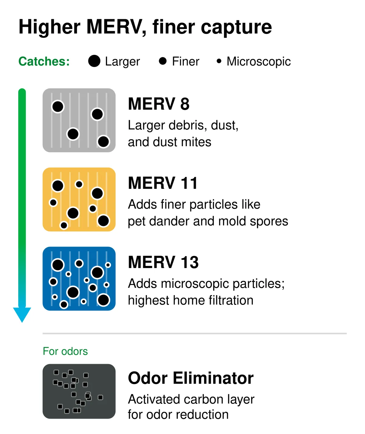 Chart: higher MERV ratings catch finer particles. MERV 8 catches larger debris, dust, and dust mites. MERV 11 adds pet dander and mold spores. MERV 13 adds microscopic particles. The Odor Eliminator adds activated carbon for odor reduction.