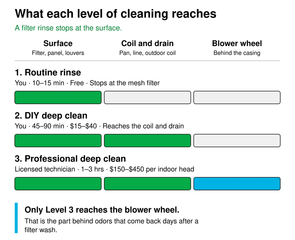 Chart comparing three levels of mini split cleaning by how deep each one reaches: a routine rinse stops at the surface filter, a DIY deep clean reaches the coil and drain, and only professional service reaches the blower wheel.