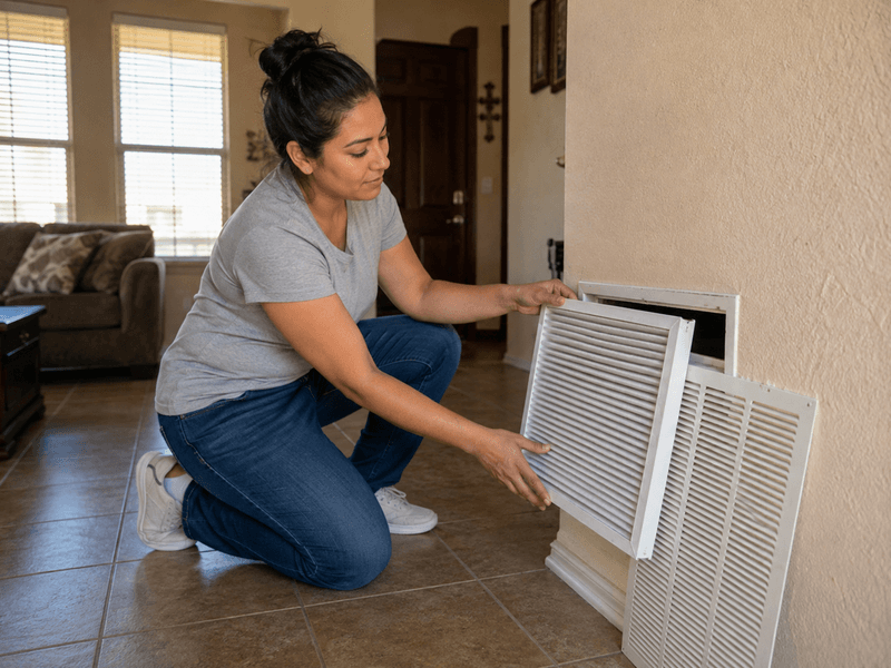 Homeowner installing a MERV 13 air filter during a South Texas smoke event.
