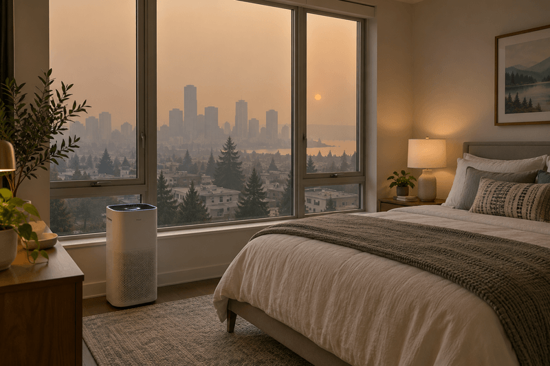 Bellevue apartment bedroom with windows closed and a portable HEPA air cleaner running during a wildfire smoke event.