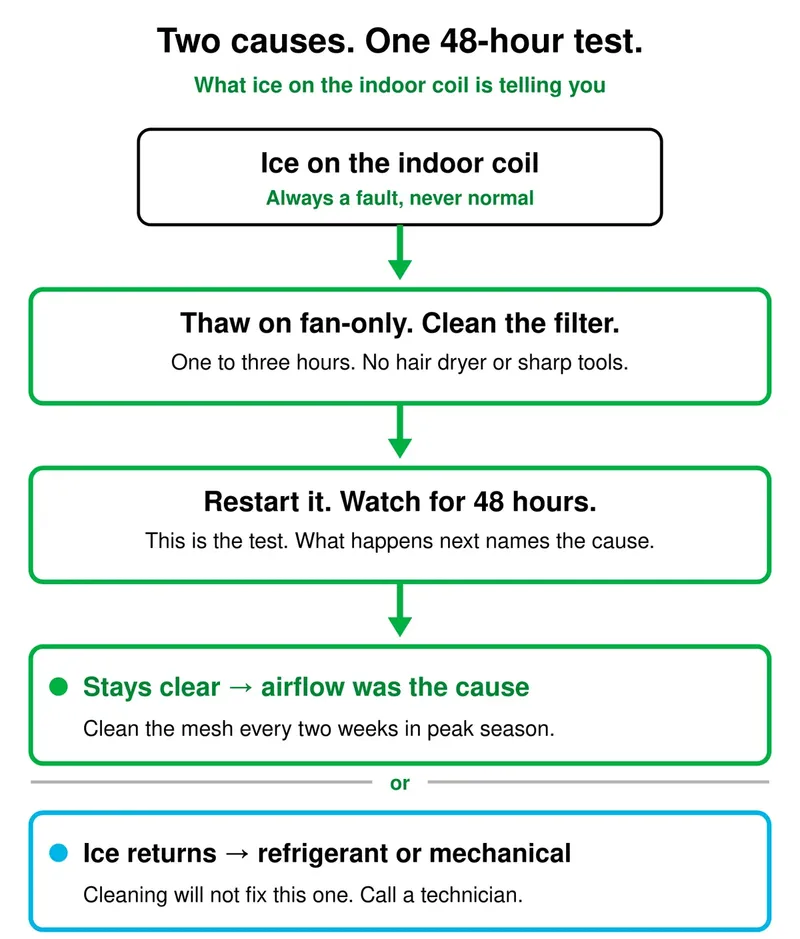 Flow diagram: ice on a mini split indoor coil is always a fault. Thaw on fan-only and clean the filter, then restart and watch for 48 hours. If it stays clear, airflow was the cause. If ice returns, the cause is refrigerant or mechanical and needs a certified technician.