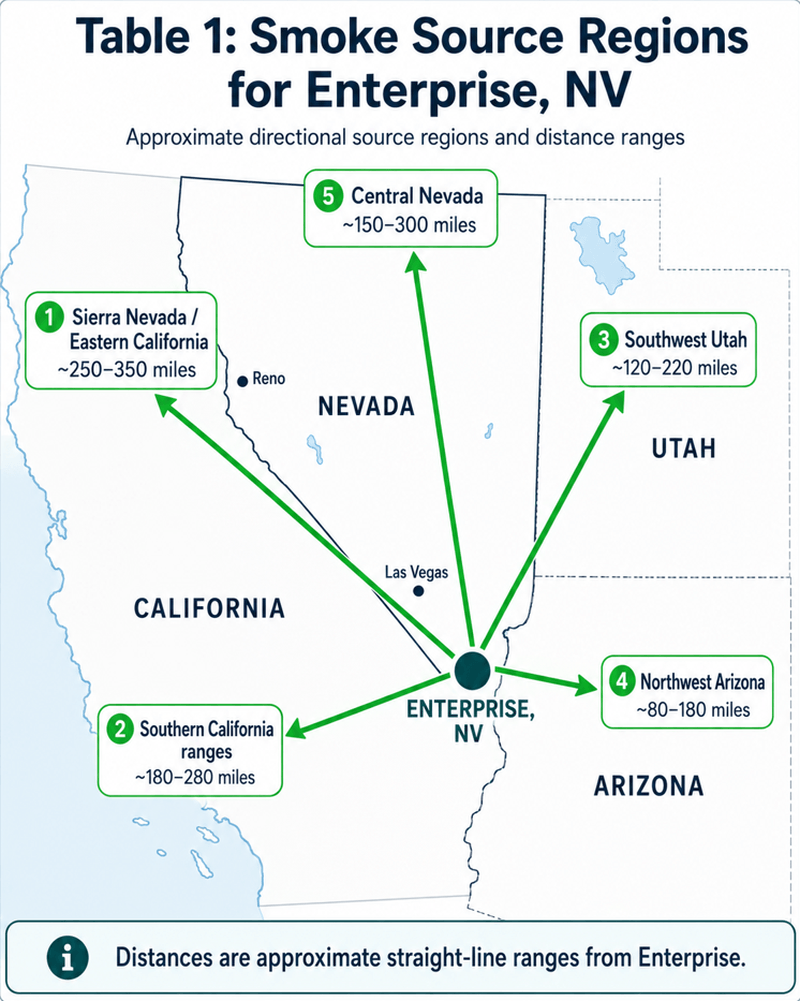 Map of the regions whose wildfire smoke reaches Enterprise, Nevada.