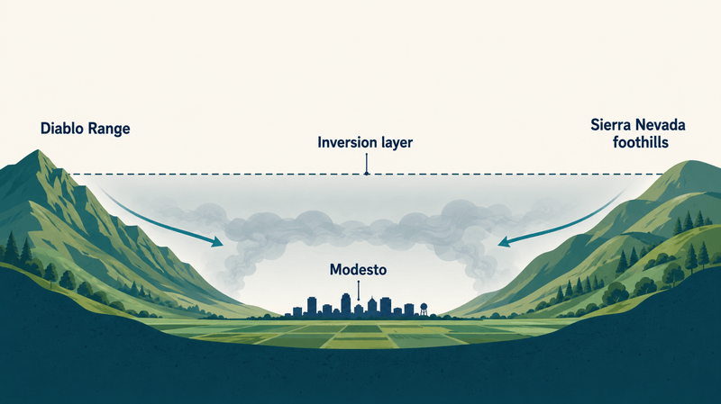 Diagram showing wildfire smoke entering the San Joaquin Valley from the Diablo Range and Sierra Nevada and trapped over Modesto by an inversion layer.