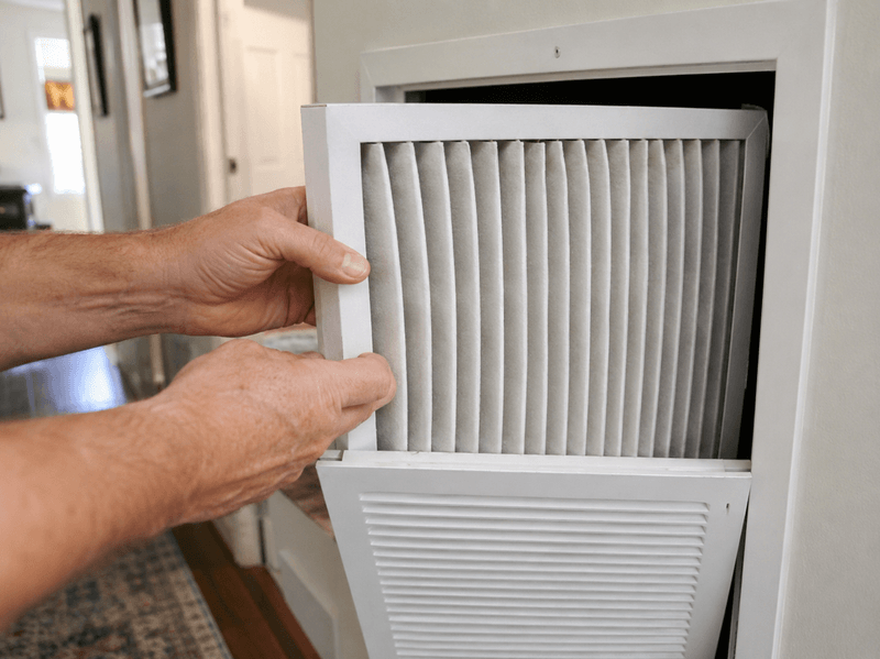 Homeowner installing a pleated MERV 13 air filter in a home HVAC return vent during wildfire smoke season.