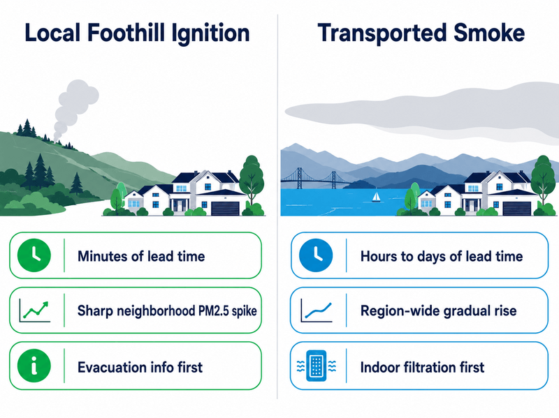 Diagram comparing local East Bay foothill wildfire smoke against long-range transported smoke reaching Fremont, California, showing different lead times and response steps.