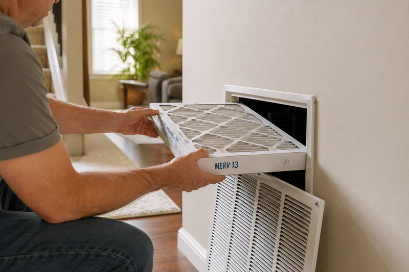 Homeowner installing a MERV 13 air filter to protect indoor air during a wildfire smoke event.