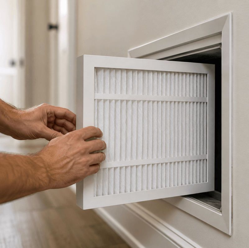 Homeowner installing a clean pleated MERV 13 filter into a hallway return-air slot before a smoke event.
