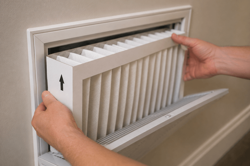 Close-up of a pleated MERV 13 HVAC filter being slid into a return air vent.