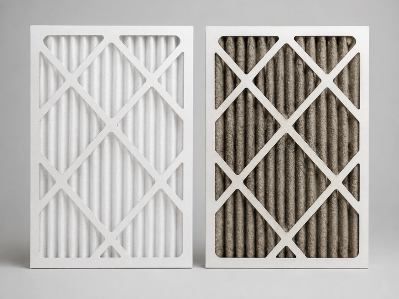Side-by-side comparison of a clean pleated HVAC filter and a filter loaded with wildfire smoke residue.