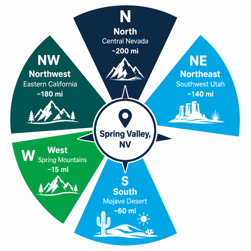 Compass diagram centered on Spring Valley, Nevada showing wildfire smoke source directions: Spring Mountains to the northwest, Southern California to the west, Great Basin Nevada to the north, northern Arizona to the southeast, and monsoon dust from the east.