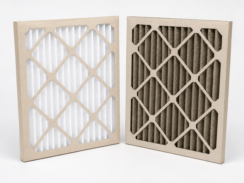 Side-by-side comparison of a clean white pleated MERV 13 air filter and the same filter darkened gray after a wildfire smoke event.