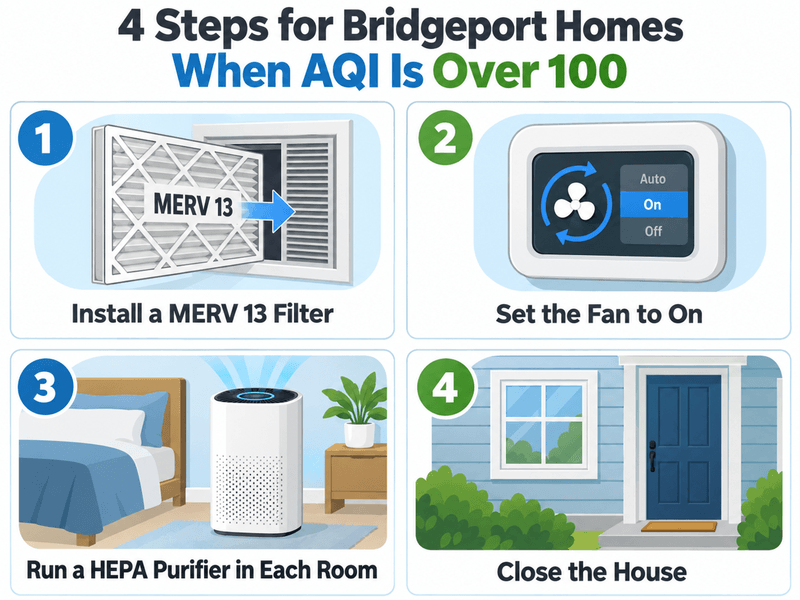 Infographic showing four steps for Bridgeport homes when the AQI is over 100: install a MERV 13 filter, set the fan to On, run a HEPA purifier in each room, close the house.
