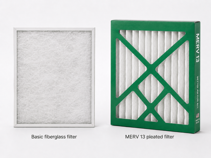 Basic fiberglass furnace filter next to a Filterbuy MERV 13 pleated filter with a green frame.