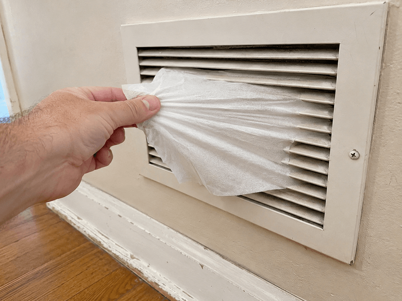 Homeowner holding a tissue against a hallway return grille to test HVAC airflow.