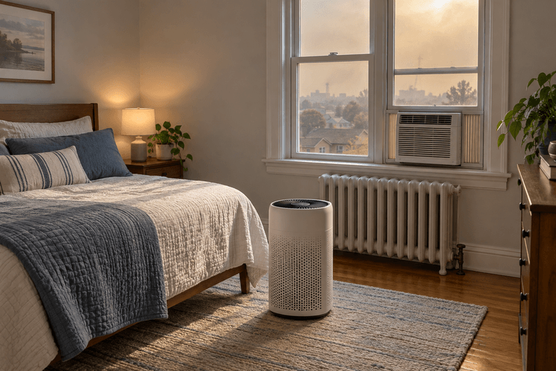 Portable HEPA air purifier running in a bedroom with a window air conditioner and a radiator, showing smoke protection for a Bridgeport home without ductwork.