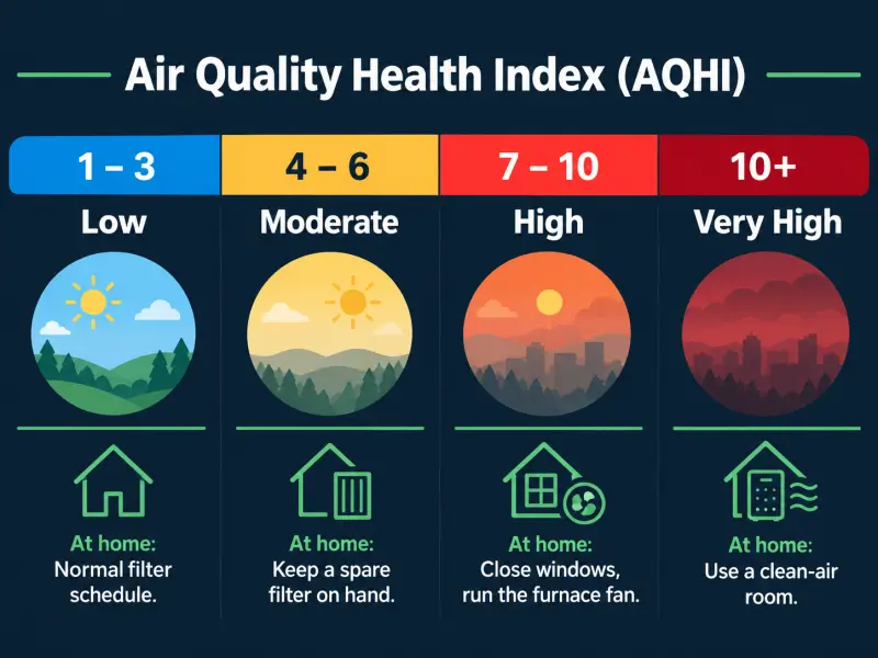 Échelle IQSA du Canada de 1 à 10+ avec niveaux de risque pour la santé et conseils de filtration de l'air intérieur.