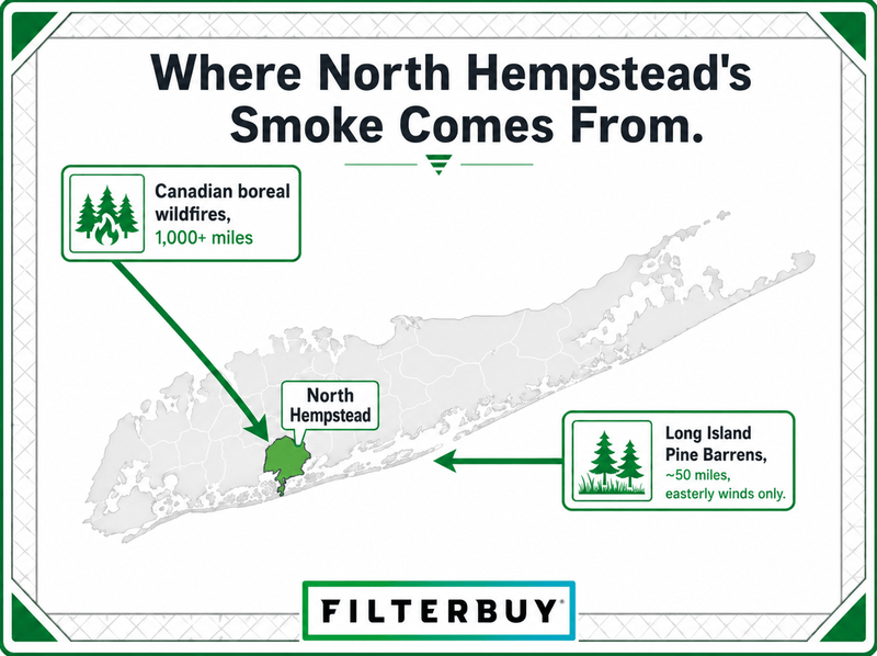 Diagram showing the two wildfire smoke sources that affect North Hempstead, NY.