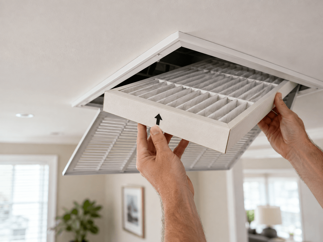 Homeowner installing a pleated MERV 13 air filter into a ceiling return-air vent during a wildfire smoke event.