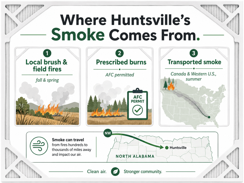 Infographic showing the three sources of wildfire smoke in Huntsville, Alabama.