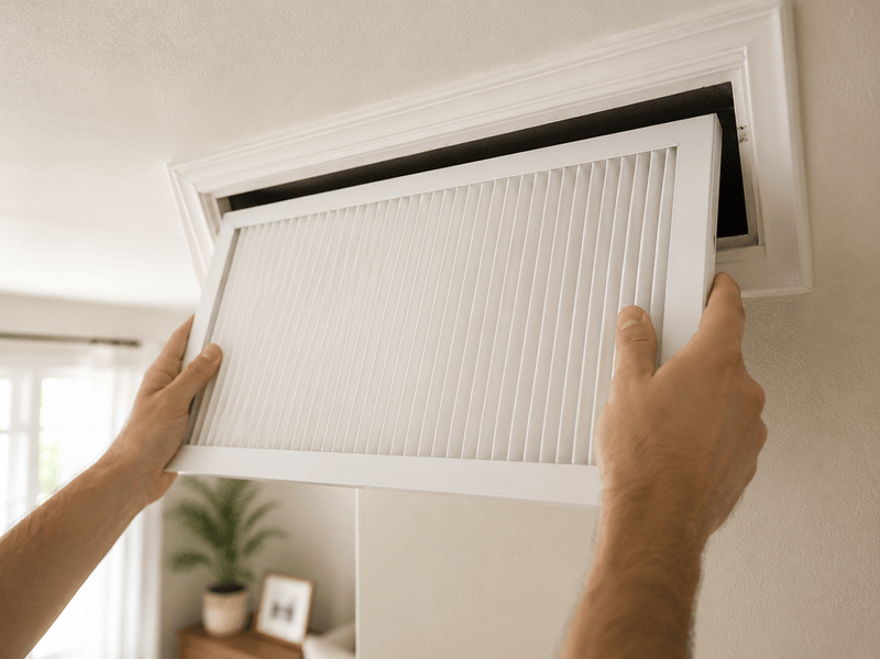 Homeowner sliding a clean pleated MERV 13 air filter into a residential HVAC return grille.