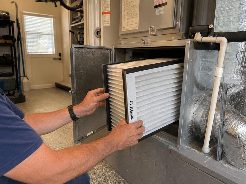 Installing a MERV 13 pleated air filter in a media cabinet before a smoke event.