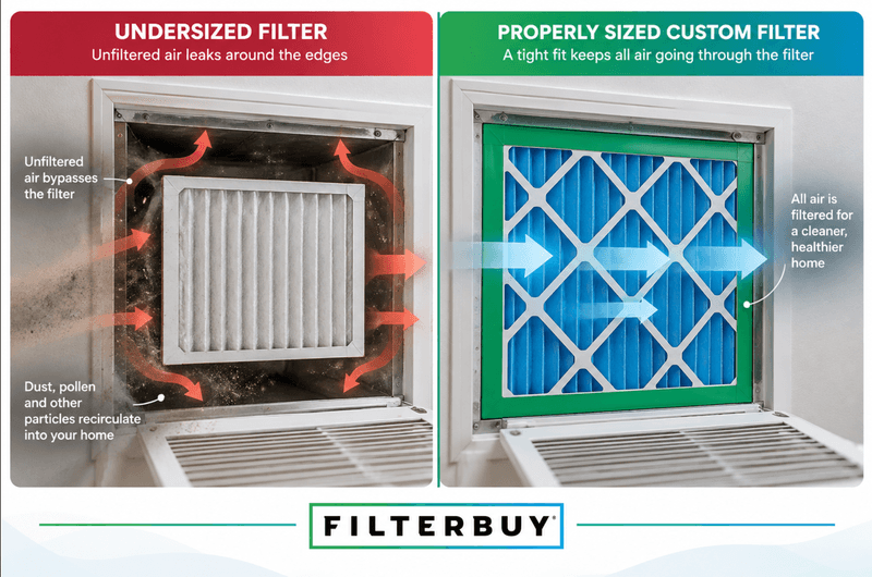 Undersized filter letting unfiltered air leak around the edges, next to a properly sized custom filter that keeps all air going through the filter