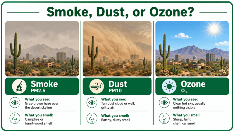 Comparison graphic showing how wildfire smoke, blowing dust, and ozone differ in Scottsdale, Arizona.