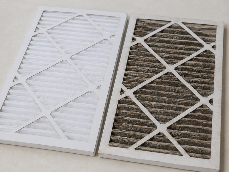 Clean pleated HVAC filter beside a filter loaded with tan dust and gray smoke particles after a West Texas dust and wildfire smoke event.