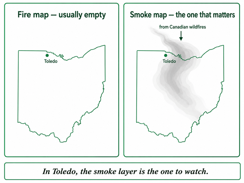 Diagram comparing an empty wildfire map of Ohio with a smoke map showing a Canadian smoke plume over Toledo.