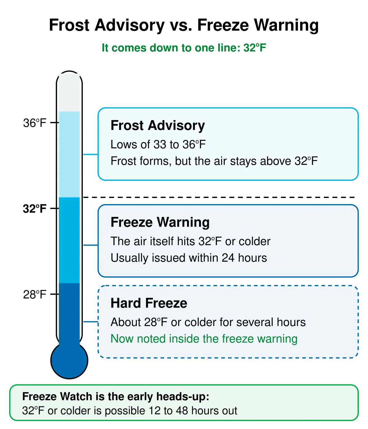 Thermometer chart comparing frost advisory and freeze warning. A frost advisory covers lows of 33 to 36 degrees F, when frost forms but the air stays above freezing. A freeze warning means the air reaches 32 degrees F or colder, usually within 24 hours. A hard freeze, about 28 degrees F or colder, is now noted inside the freeze warning. A freeze watch means 32 degrees F or colder is possible 12 to 48 hours out.
