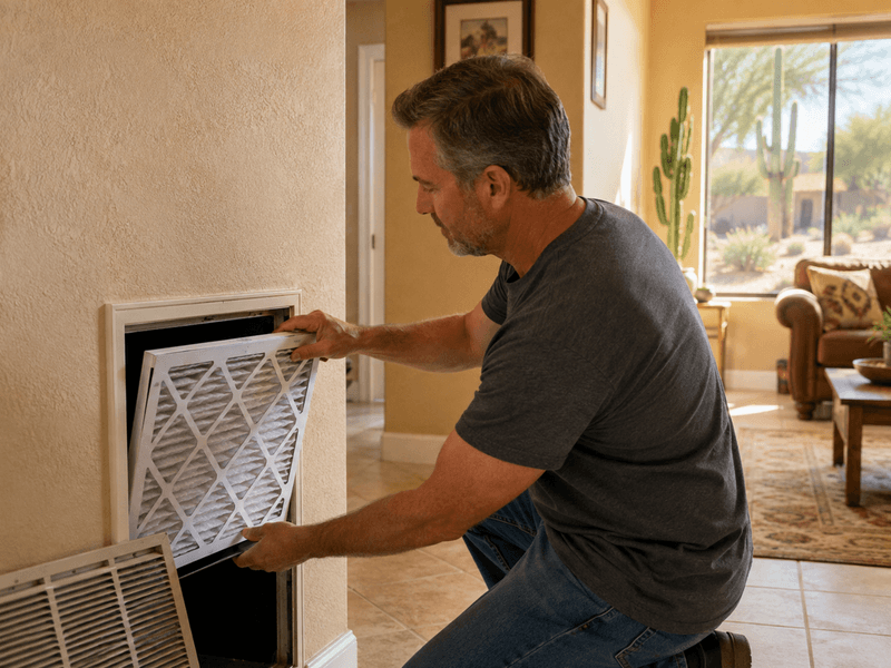 Homeowner installing a MERV 13 pleated air filter during an Arizona wildfire smoke event.
