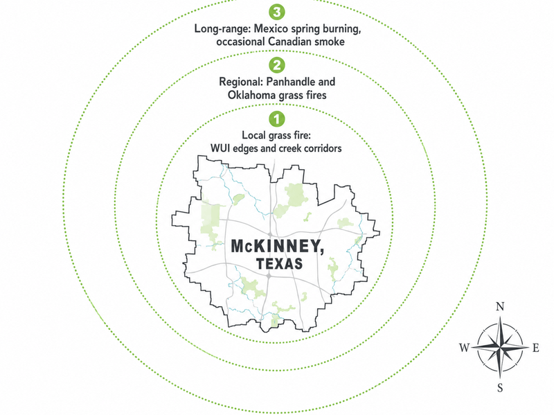 Diagram showing three sources of wildfire smoke affecting McKinney, Texas: local grass fire, regional grass fire, and long-range transported smoke.