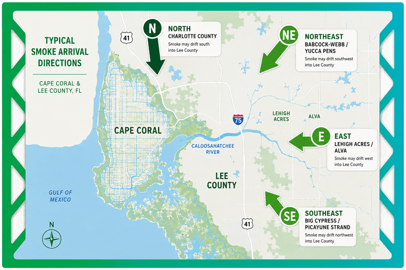 Map showing the four directions wildfire and prescribed-burn smoke typically reaches Cape Coral, Florida.