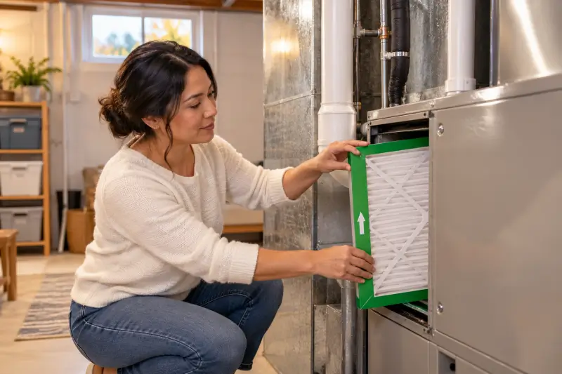 Propriétaire installant un filtre de fournaise Filterbuy MERV 13 dans une maison du Nouveau-Brunswick.