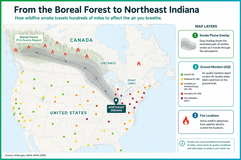 Diagram showing Canadian boreal wildfire smoke traveling south across the Great Lakes into Fort Wayne, Indiana.