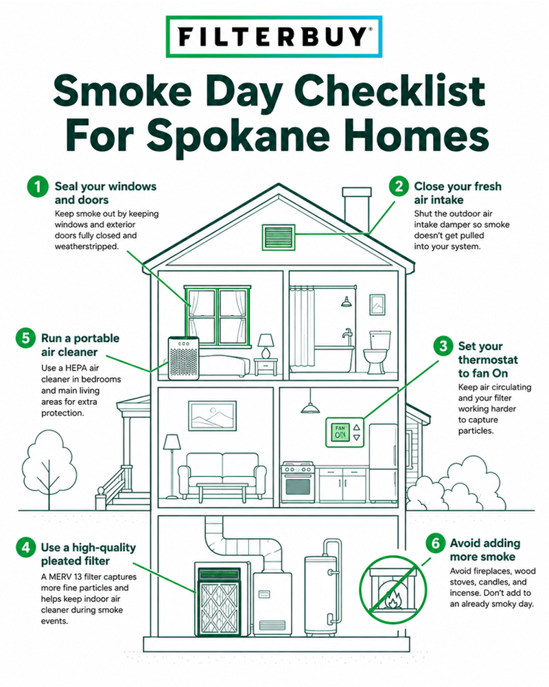 Six step indoor air checklist for Spokane homes during a wildfire smoke event.