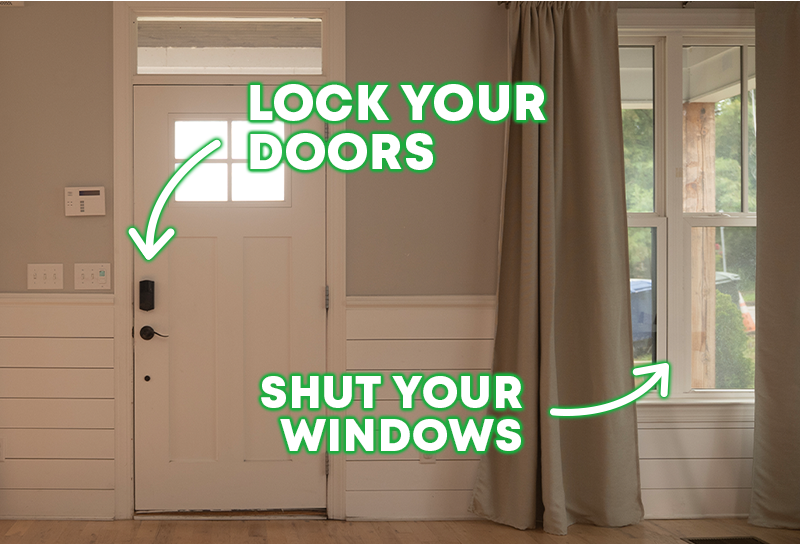 Illustration of pre-installation safety steps: locking doors, closing windows, and storing food