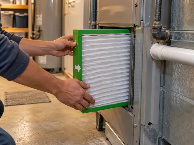 Un propriétaire installe un filtre de fournaise plissé à cadre vert dans une fournaise au sous-sol.
