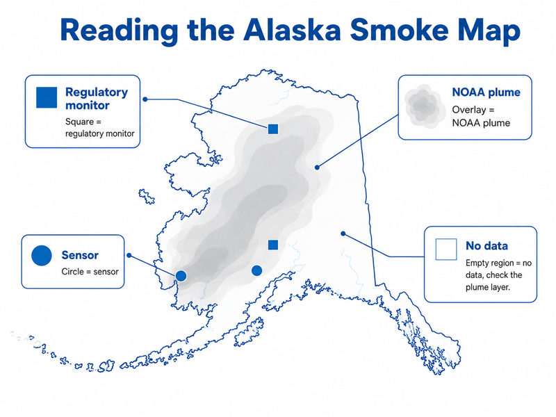 Diagram explaining monitors, sensors, and smoke plume overlays on the Alaska wildfire smoke map.