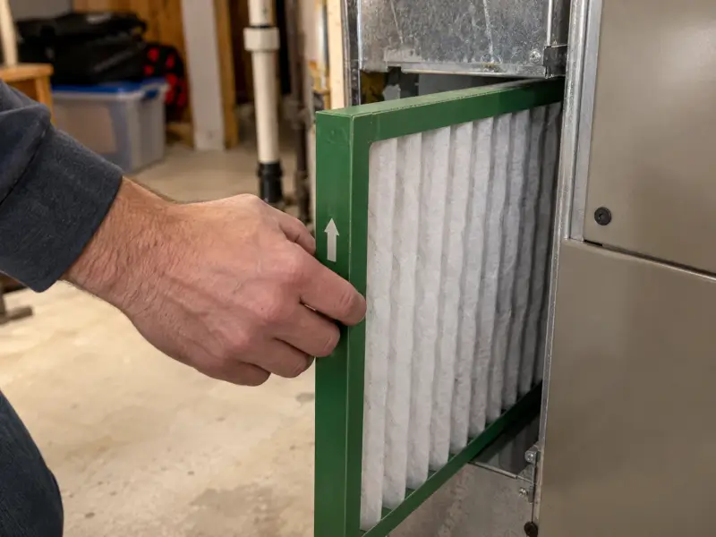 Propriétaire installant un filtre de fournaise Filterbuy MERV 13 à cadre vert dans une fournaise au sous-sol