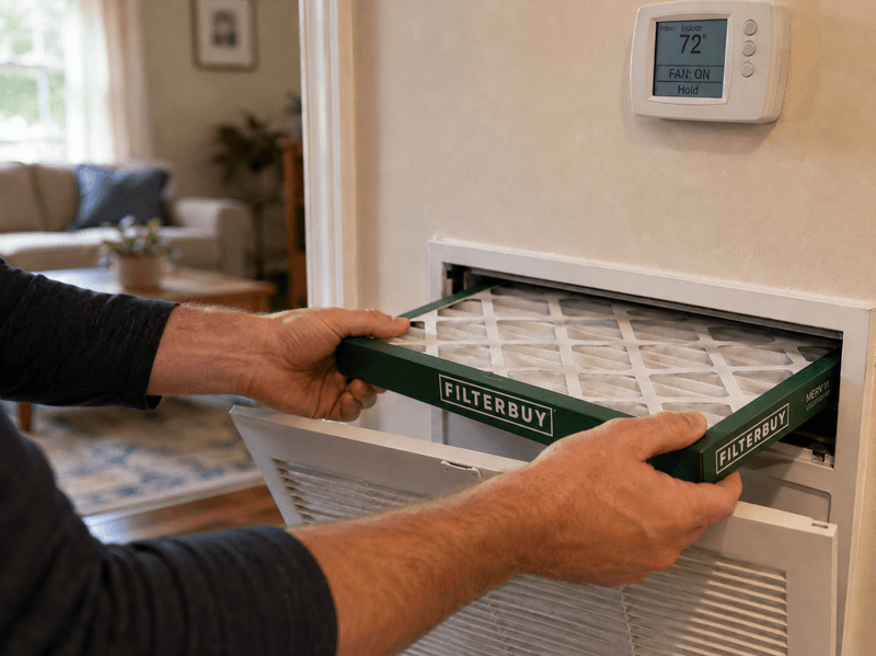 Homeowner installing a Filterbuy MERV 13 pleated air filter during a wildfire smoke event.
