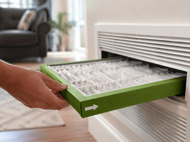Homeowner installing a pleated MERV 13 HVAC filter into a residential return air grille.