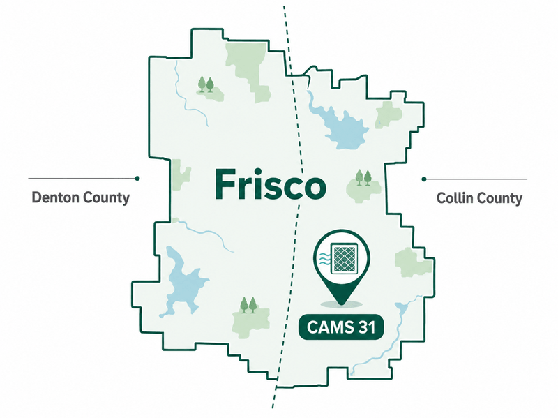 Map of Frisco, TX showing the Collin County and Denton County line and the location of TCEQ air monitoring station CAMS 31.